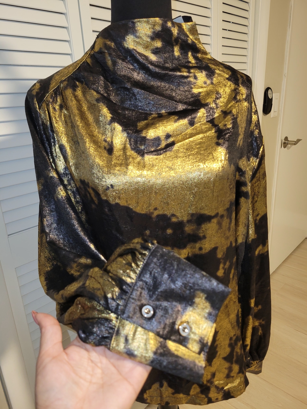 Metallic Gold Print Mock-Neck Blouse - Black & Gold